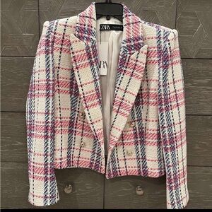 Zara Women's Plaid Blazer in Cream and Pink